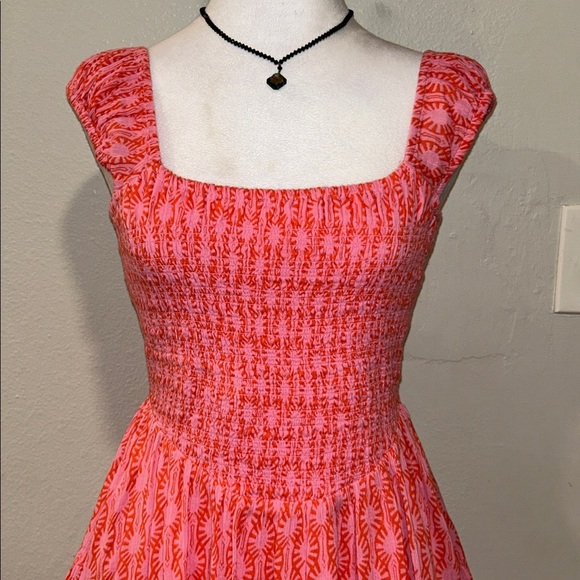 Free People Sweet Annie Mini Dress Pink Smocked Tiered Boho Size Small - Picture 4 of 9